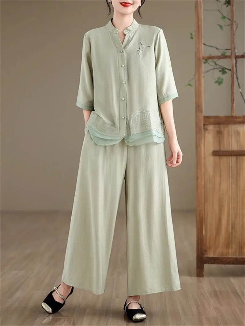 Premium Ramie Suit Set Women 2025 Summer - Loose Elegant Temperament Embroidered Blouse & Wide Leg Pants, Resort Collection G382