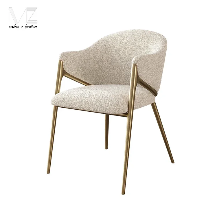 European Style Dinning Room Furniture Cafe Modern White Kitchen Chairs Stainless Steel Boucle Accent Dining Chair With Gold Leg