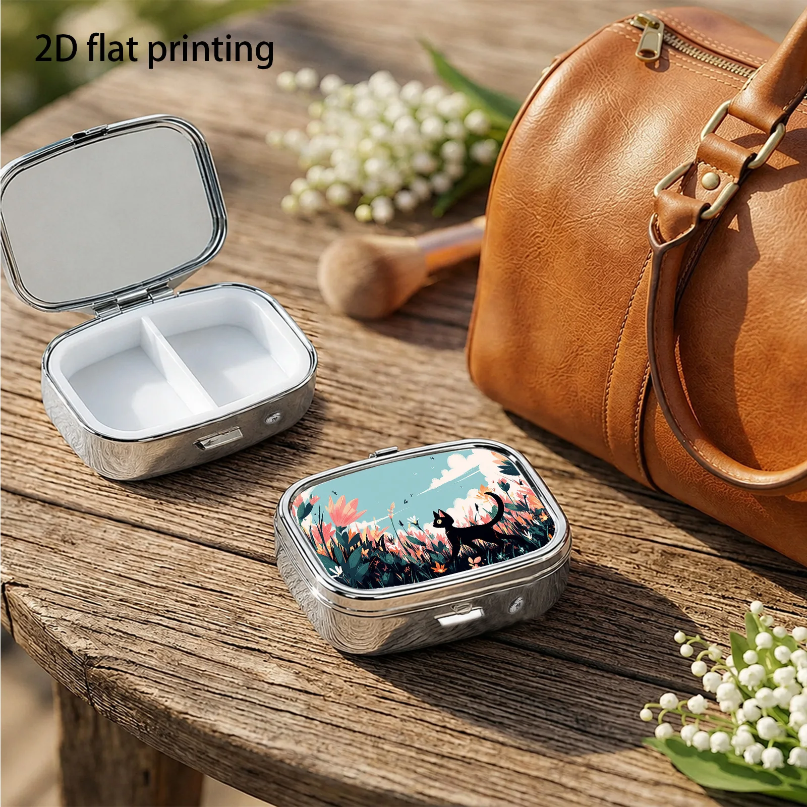 A Black Cat Walking among the Spring Flowers and Grass, Fresh and Healing Watercolor Illustration Design, Small Square Two-Compartment Pill Organizer, Portable Medicine Storage, Can Also Be Used as a Household Portable Organizer, Decorative Box, Perfect for Handbags, Wallets, and Travel, Metal Storage Box, Small Jewelry Organizer, Ideal for Holiday Gifts, Souvenirs, Prizes, and Small Gifts