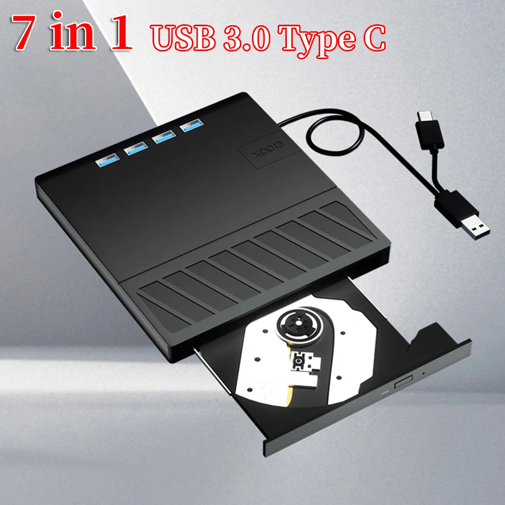 

7 в 1 USB 3.0 Type C DVD-плеер, считыватель, тонкий внешний CD-привод, DVD-привод, записывающее устройство для Windows XP/7/8/10/11, ноутбук, настольный компьютер