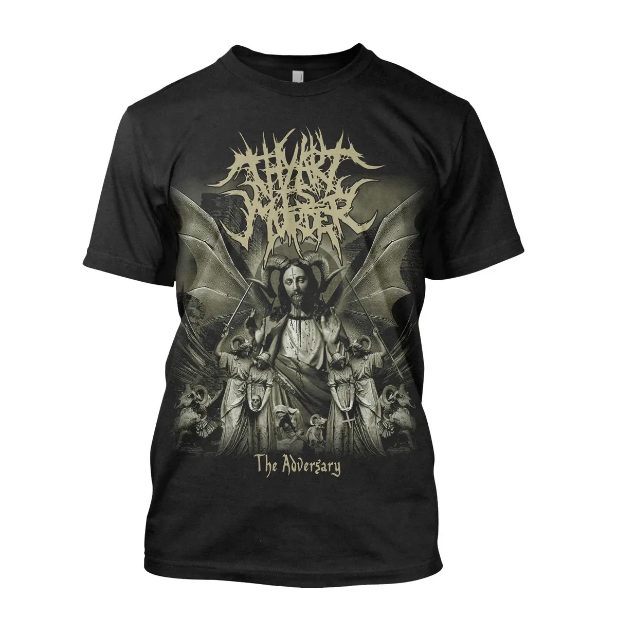 Thy Art Is Murder Giant Horn Skull Graphic T Shirt, Black White Dark Sketch Art Print with Pentagram and Band Logo