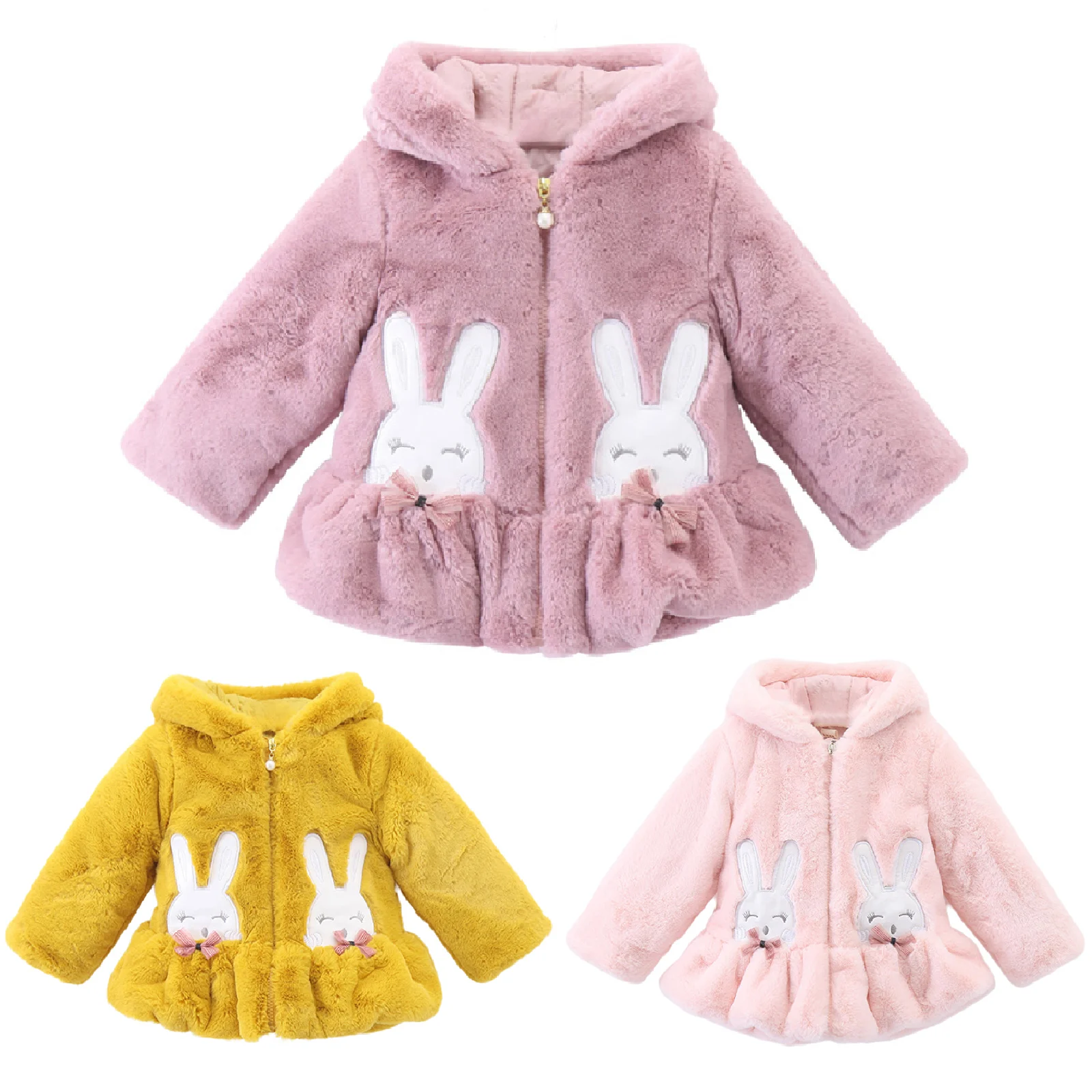 Infant Baby Girls Winter Warm Clothes Long Sleeve Hooded Fuzzy Cute Rabbit Jacket Coat Zipper Outerwear Schooling Daily Wear