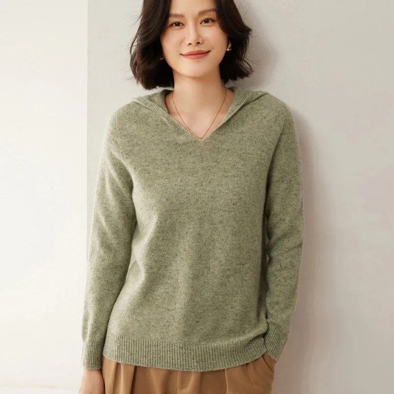 Women's Hooded Sweater 100% Merino Wool Pullover Spring Autumn Winter Long Sleeve Female Wool Knitwear Korean Fashion Tops