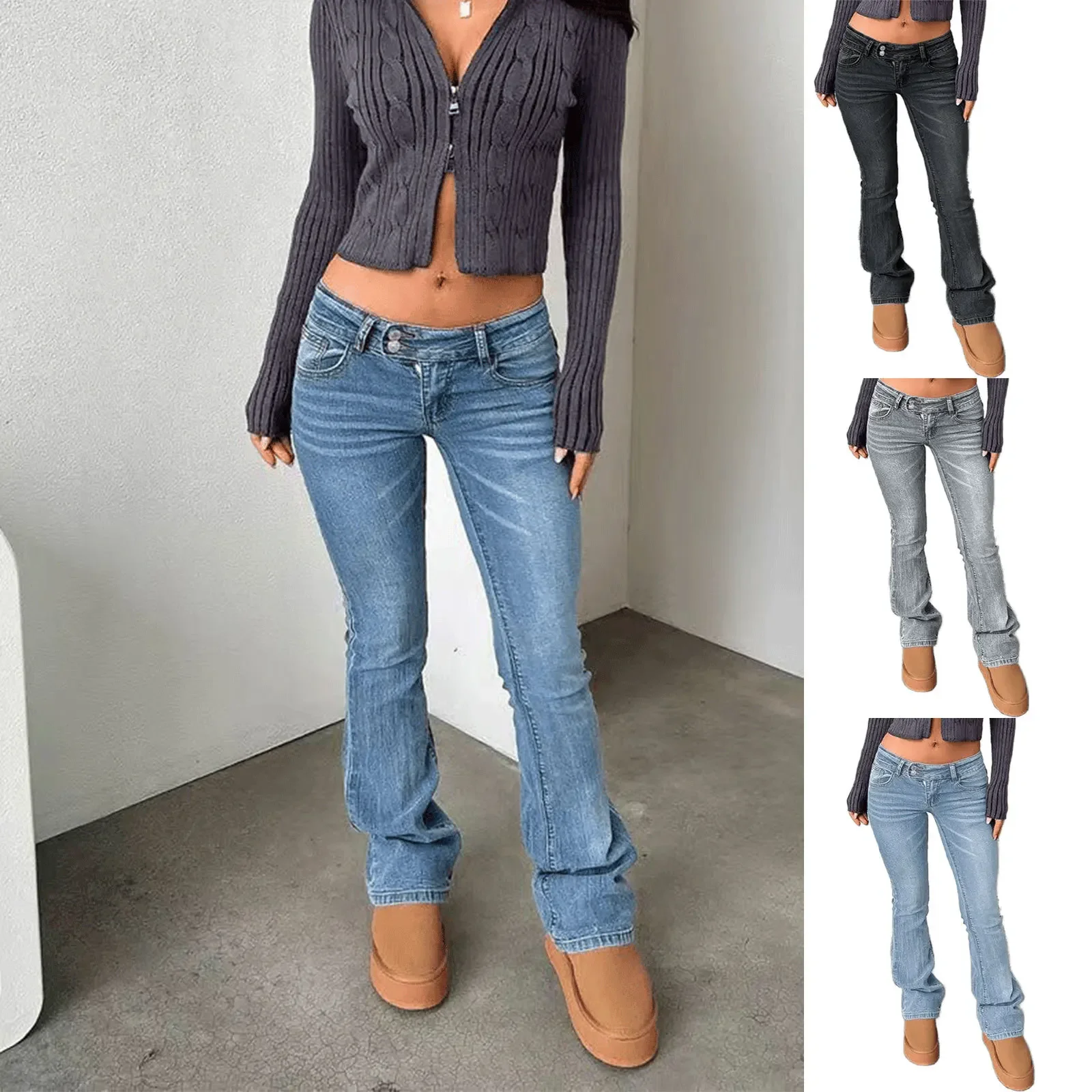 Y2k Jeans Women Flared Cotton Denim Pants Faded Blue Low Waist Washed Denim Jeans Slim Fit Flared Mid Rise Waist Button Fly
