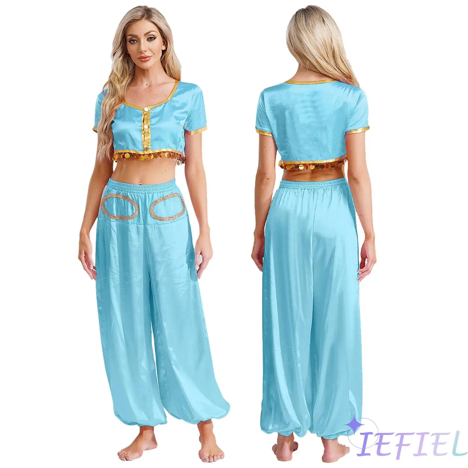 

Enchanted Fantasy Elf Performance Outfit with Square Neck Crop Top And Color Block Pants for Arabian Queen Role Play Costume