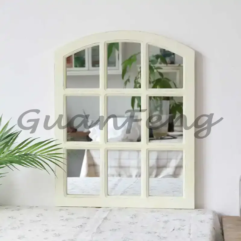 Distressed Wooden Window Frame Mirror Retro Full-Length Vanity Mirror Rustic Farmhouse Wall Decor for Bedroom