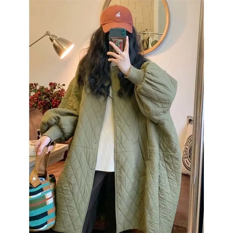 Female new autumn and beiginning winter O- neck light and warm silhouette plus size outerwear M-long diamond casual loose jacket