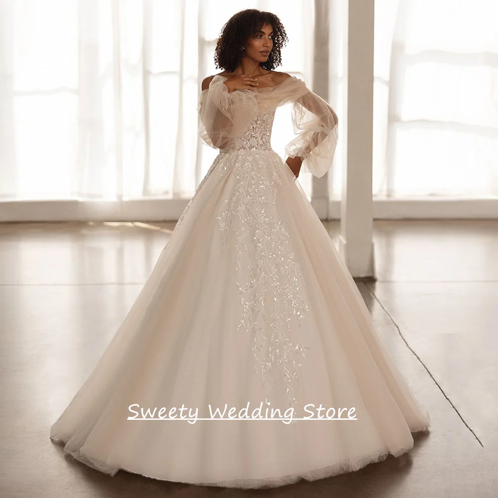 Sparkling Ball Gown Wedding Dress Customized Detachable Puff Sleeves Sweetheart Sweep Train Corset Bride Bridal Gowns