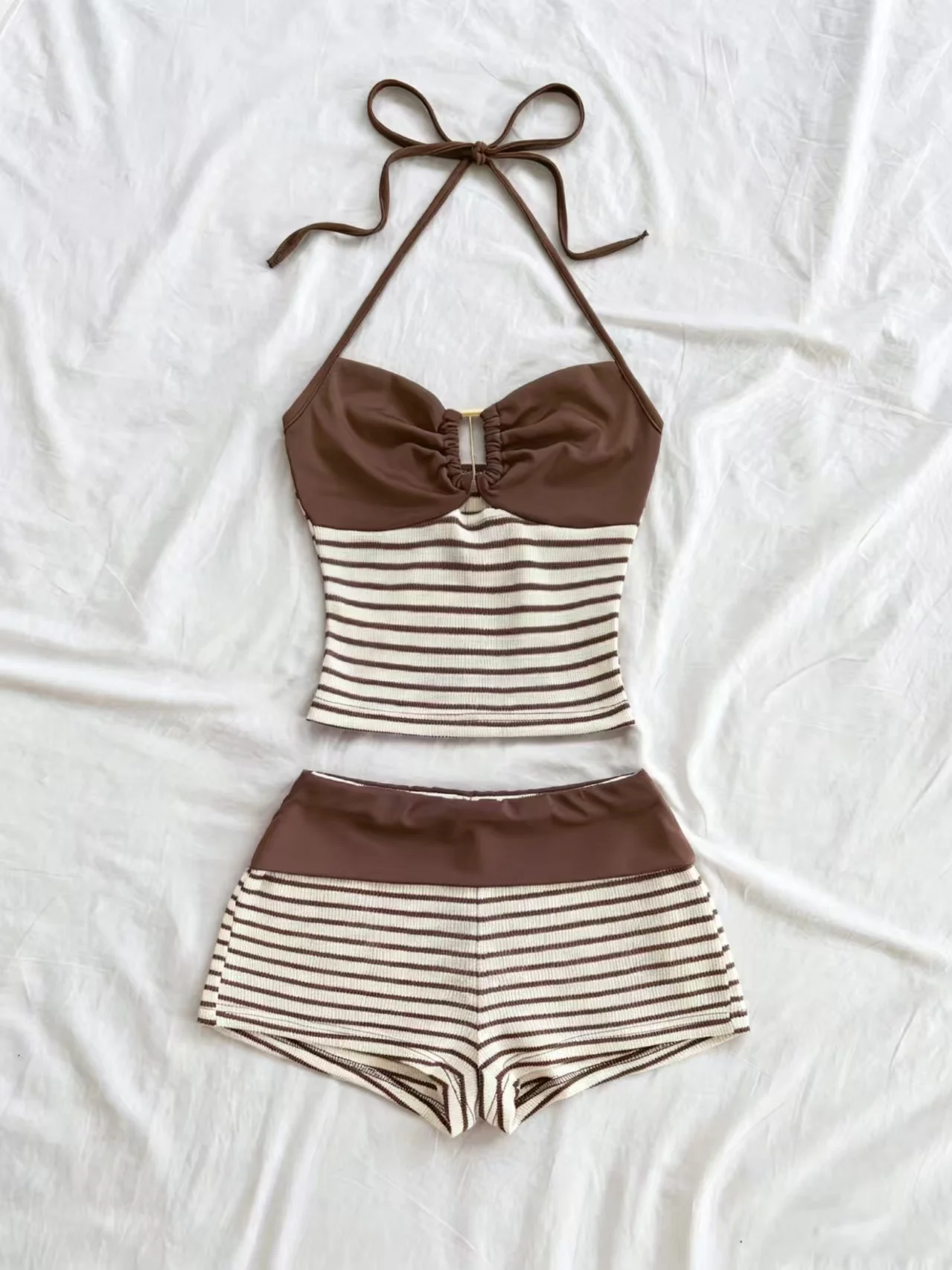 Brown White Striped Halter Tie Top & Shorts Two Piece Set for Women, Ribbed Texture Sleeveless Summer Beach Matching Outfit