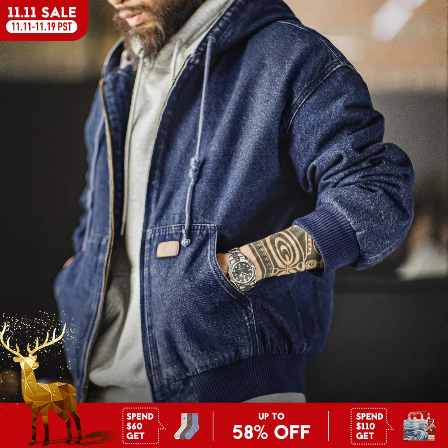 

Maden Men's Retro J130 10.5oz Denim Jacket Heavyweight Washed Hooded Jacket Regular Fit Zip Workwear Coat with Pockets for Fall