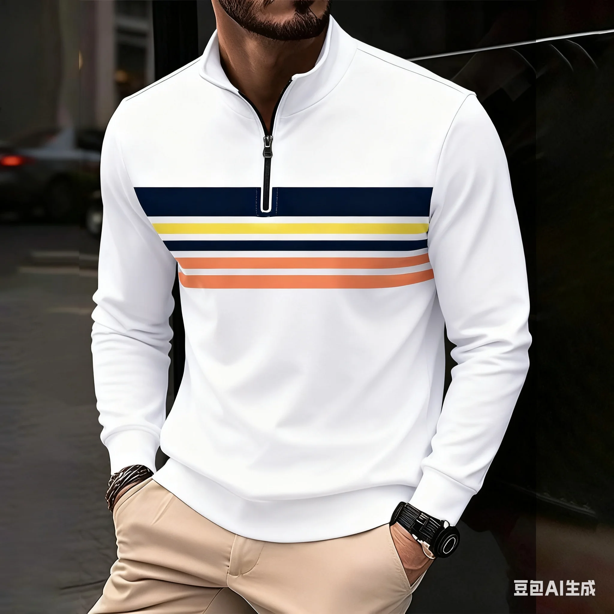 Lustige Streifen Druck männer Sweatshirts Mode Stehkragen Half Zip Langarm Tops Herbst Casual Lose Pullover Straße Kleidung