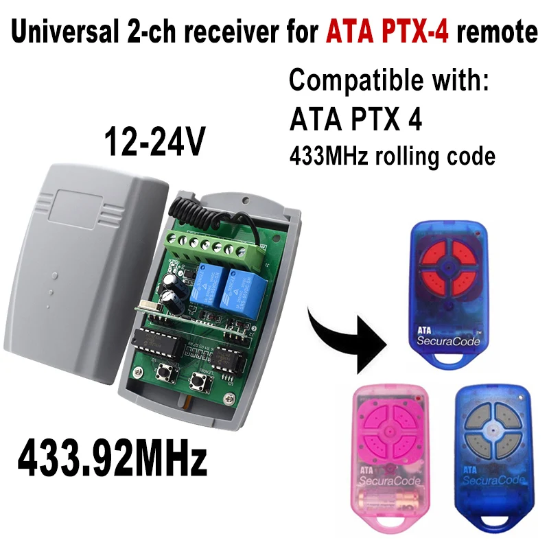 ATA PTX4 2 Channel 433mhz Receiver Garage Command 12-24V for Fixed Code Rolling Code Remote Control Garage Door Receiver