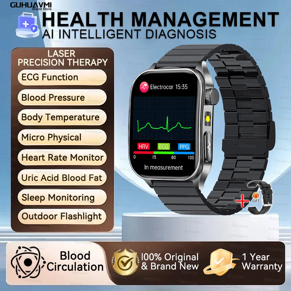 2026 Nieuwe Gezondheid Smart Horloge Laser Therapie Verminderen Drie Hoogtepunten Bloed Zuurstof Druk Urinezuur Bloed Lipide ECG Smartwatch Voor Man