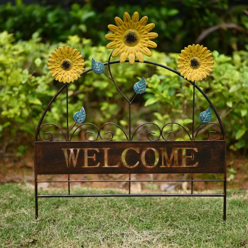 Garden Welcome Sign Boards Iron Do Old Flower Fence Courtyard Sunflowers Standing Partition Rose Line Lotus Climbing Holder