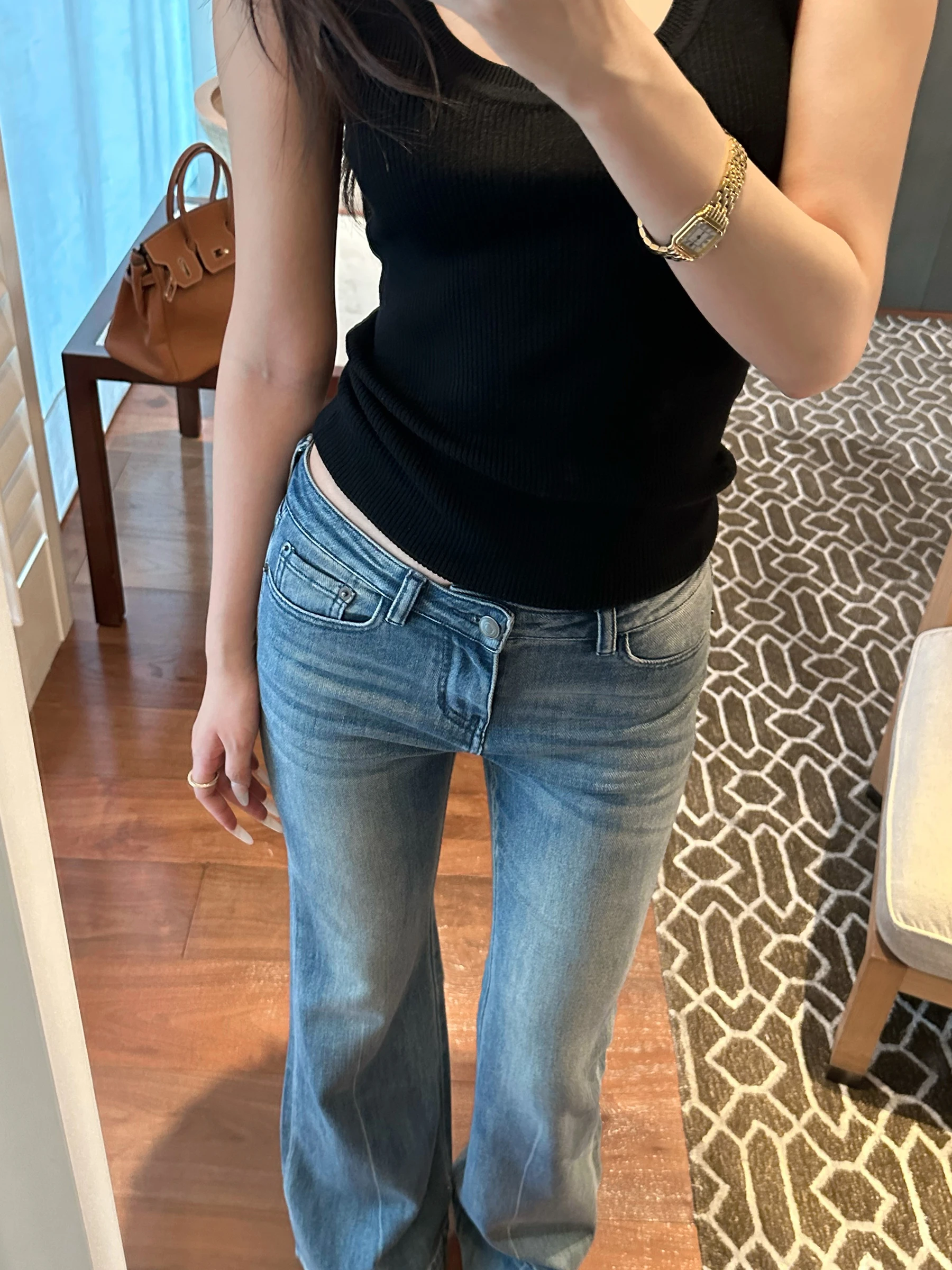 

Джинсы с низкой посадкой 5werkwen, модель Mong Legs Heavy Wa Water, микро-клеш, прямые, для повседневной носки, из смесового хлопка, женские