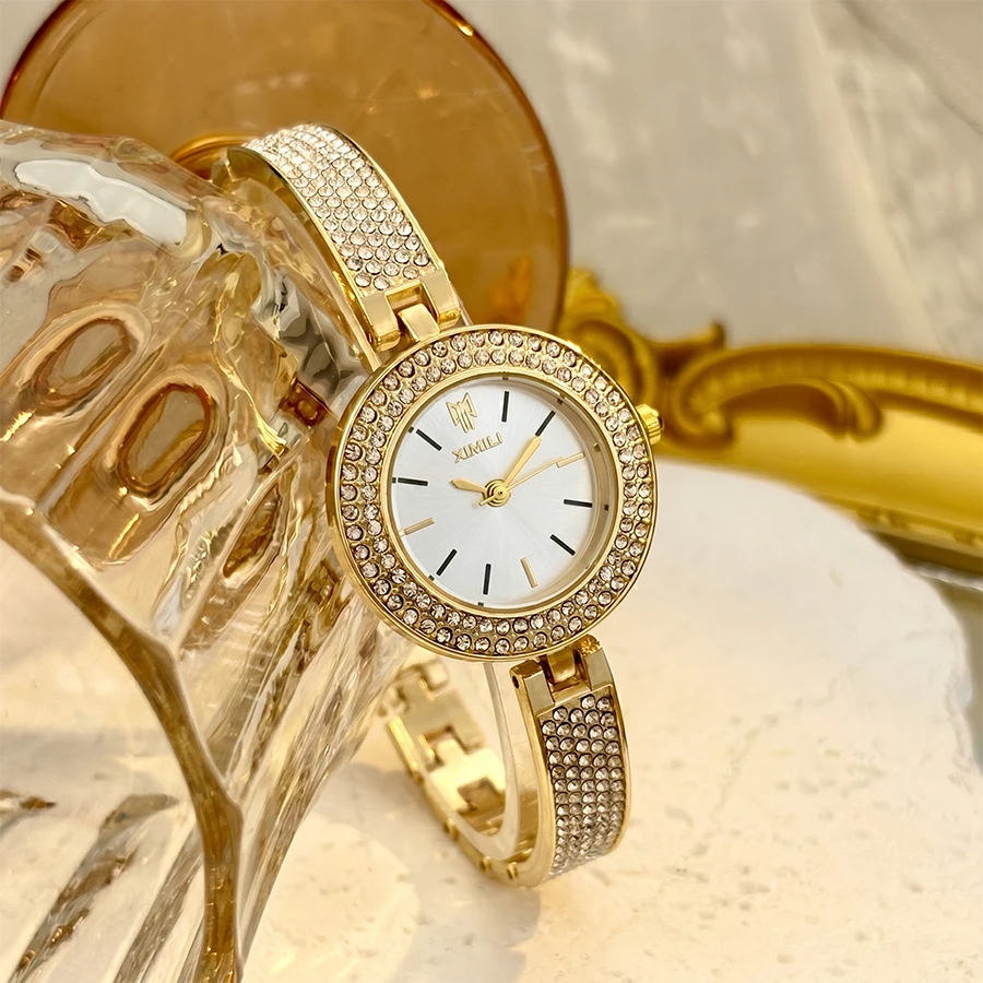 Delicate Full Diamond Women Watch Elegant Gold Watch For Woman Bangle Curved Strap