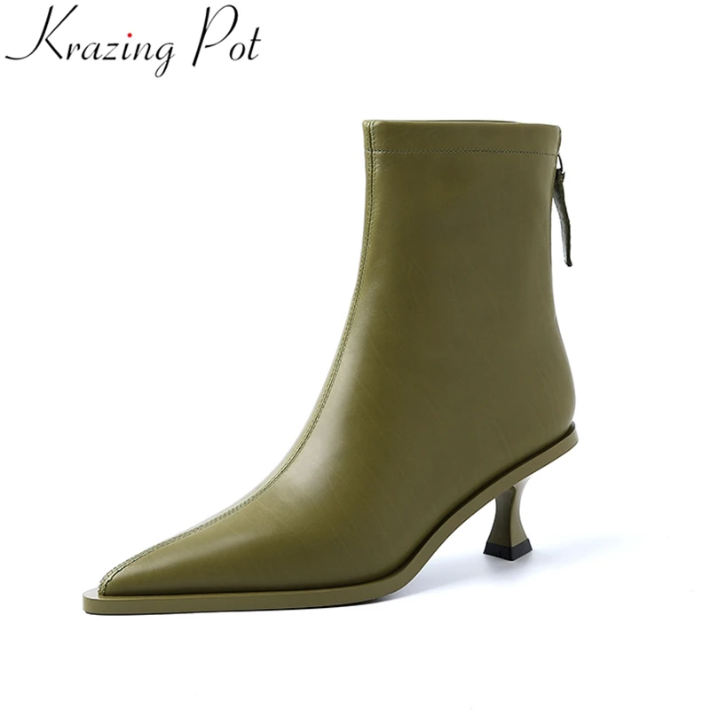 

Krazing Pot Superstar Cow Leather Pointed Toe Modern Boots Zipper High Heel Warm Winter Concise Dress Solid Elegant Ankle Boots