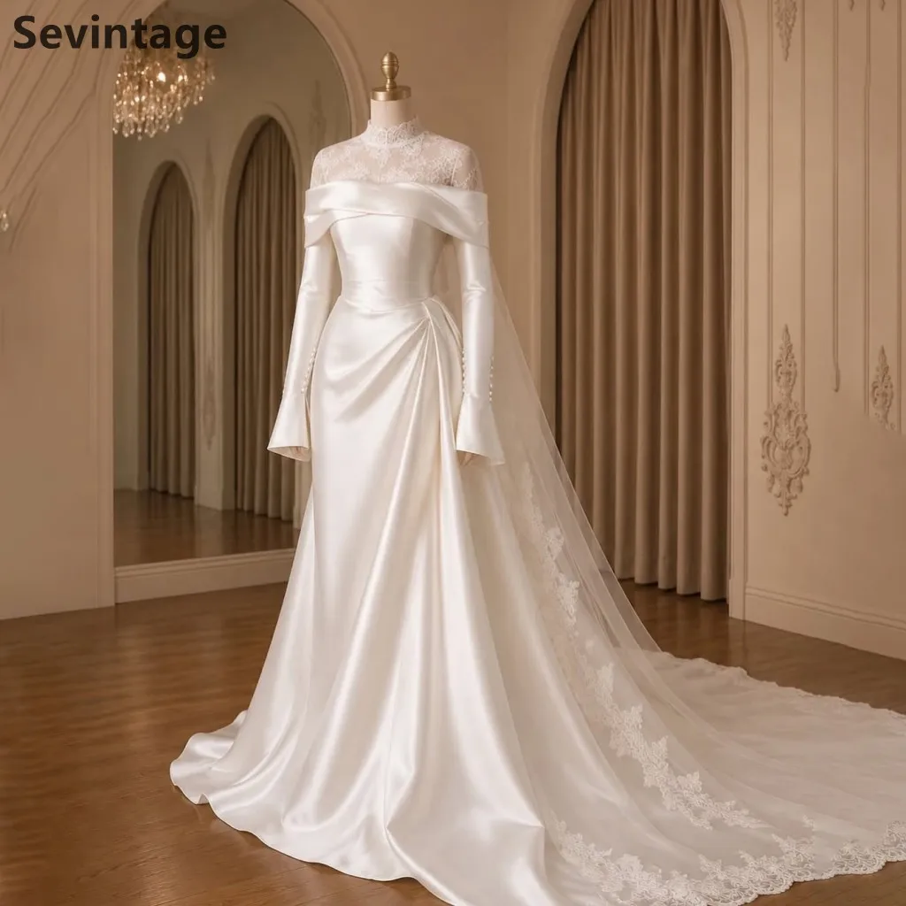 Sevintage High Neck Lace Long Sleeve Satin Wedding Dress 2026 Off Shoulder Fold Design A Line Bridal Gown Lace Train Customized