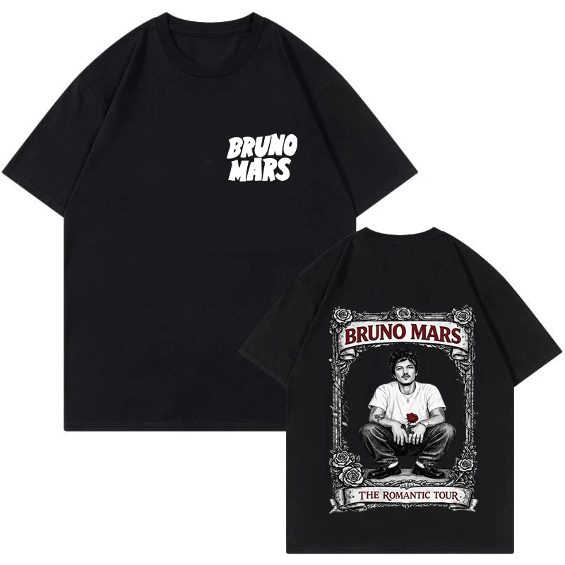 Bruno Mars T-Shirt 2026 New Unisex Cotton Tee Bruno Mars The Romantic Tour Double Sided Print Pop Singer Fan Short Sleeve Tops