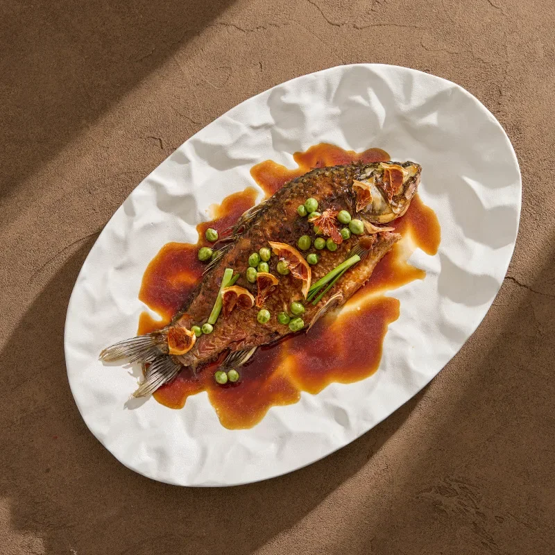 Cloth pattern fish plate High temperature resistant steamed fish vegetable plate Hotel tableware Premium matte texture dinner