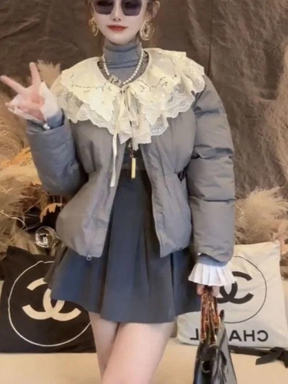 

Korean Sle ort Lace Collar Cotton Jaet Women's New Sle Anti-Aging Splicing Doll Collar Slim Fit Cotton Clothes