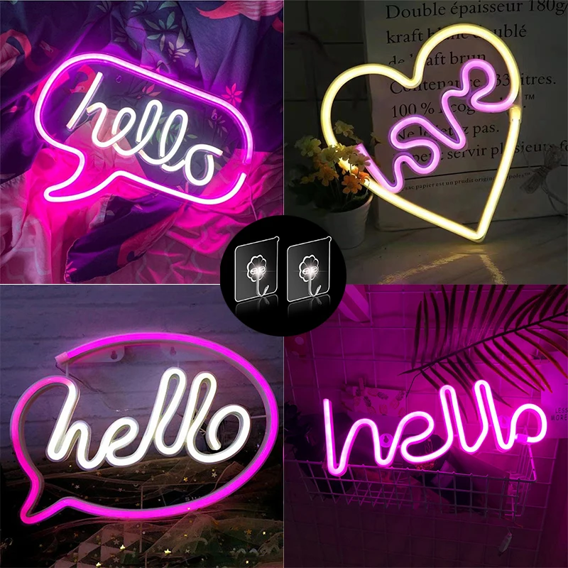 LED Hello Neon Signs Letter Lights Room Decor Battery or USB Powered Neon Light for Party Wedding Bedroom Wall Decor Lamp