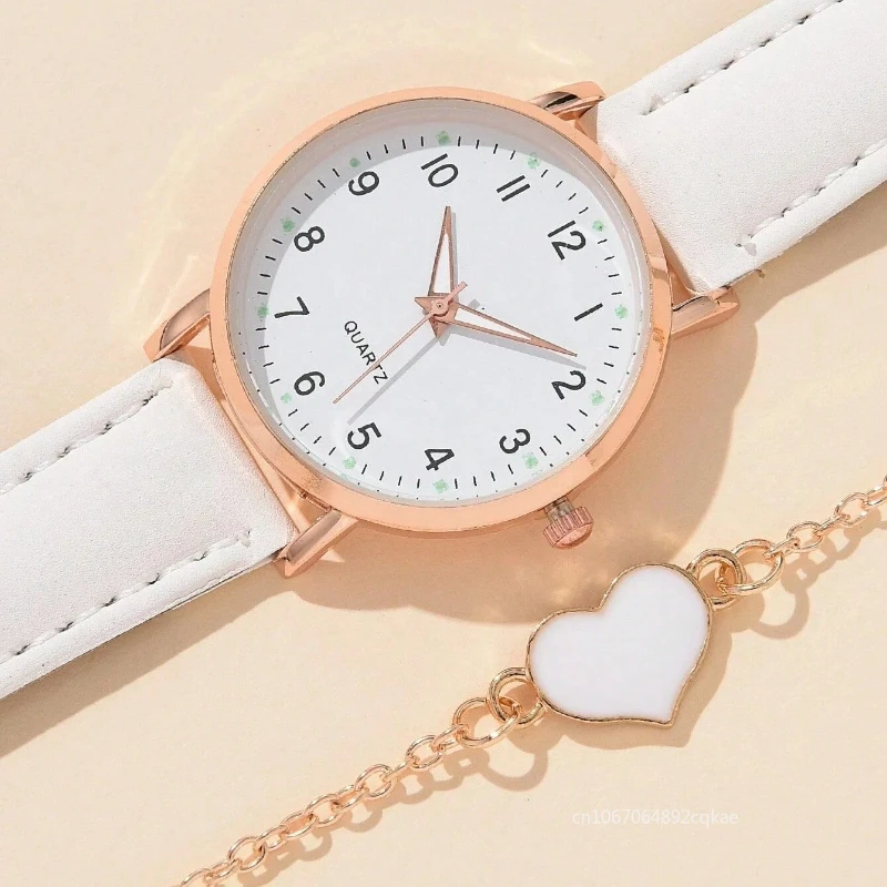 Reloj de pulsera informal para mujer, conjunto de relojes de pulsera de cuero, esfera redonda Simple, relojes de pulsera de cuarzo, reloj de vestir