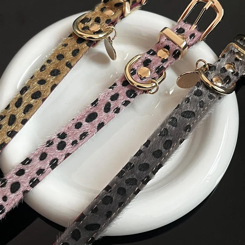 Leopard Pattern Small Dog Collar with Soft PU Leather Dog Metal Leash- Adjustable Comfort Fit Pet Collar for Wal view 4