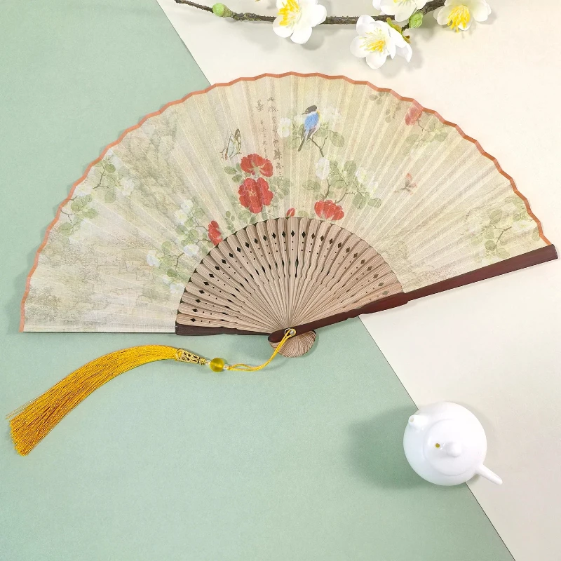 Ancient Style Folding Silk Cloth Bamboo Fan Portable Handheld Summer Cooling Daily Fan for Women Hanfu Cheongsam Photography