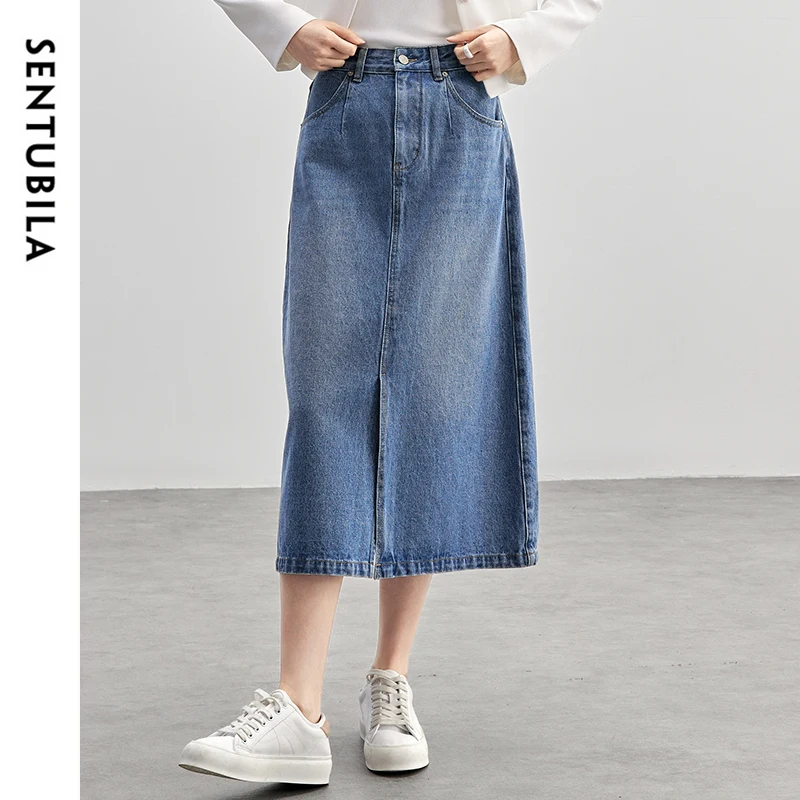 SENTUBILA 100% التنانير القطنية للنساء 2025 ربيع الموضة الأزرق غسلها الدنيم عالية الخصر شق هيم تنورة طويلة أنيقة النساء W51Q57899