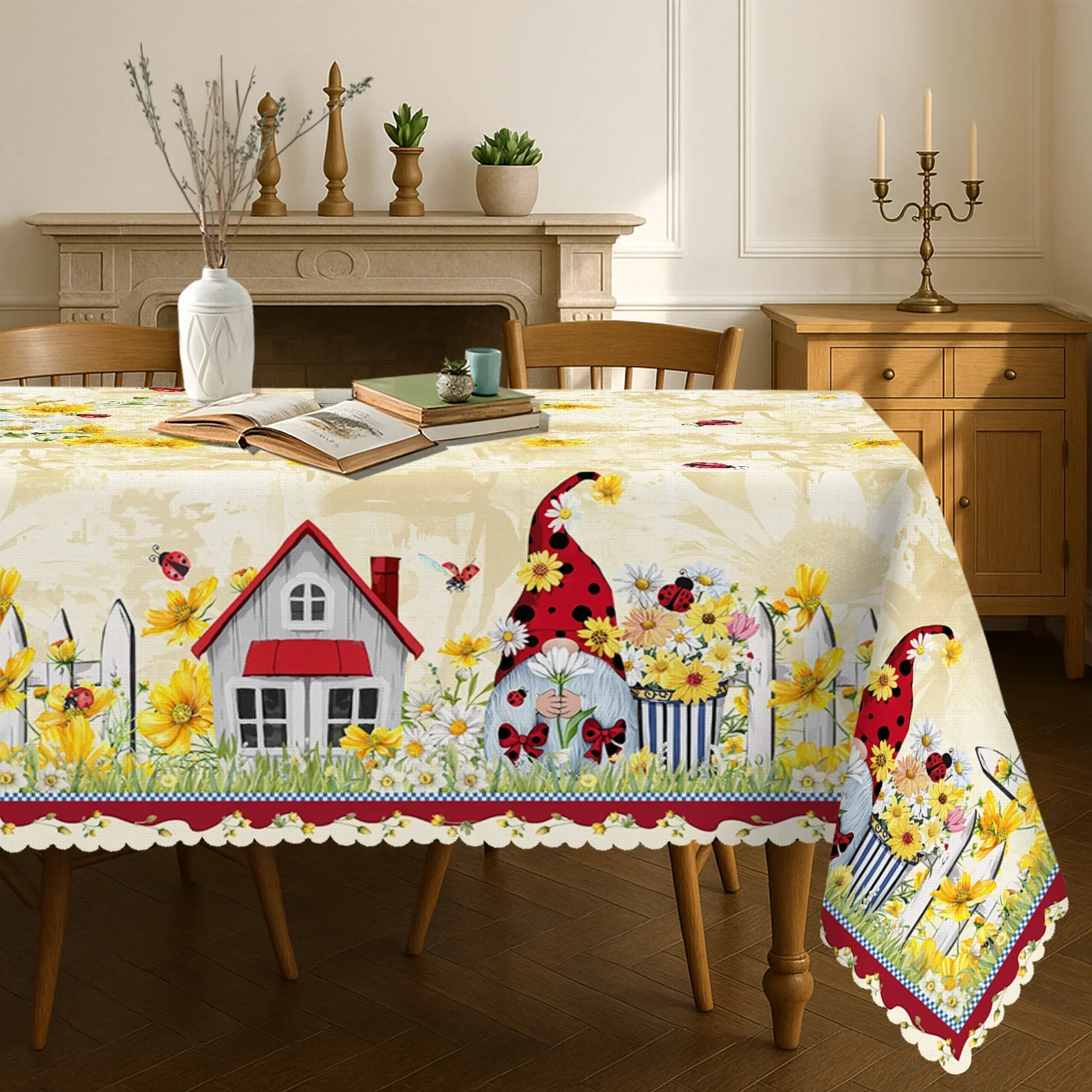 1 item, charming goblin and ladybug tablecloth, spring floral design featuring daisies and farmhouses, yzb