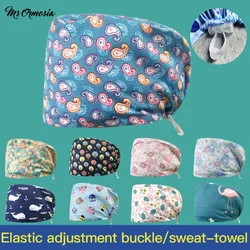 Cartoon Print Cap Pet Beauty Work Hats with Sweat-absorbent Adjustable Elastic Buckle 100%cotton Health Service Scrubs Women Hat