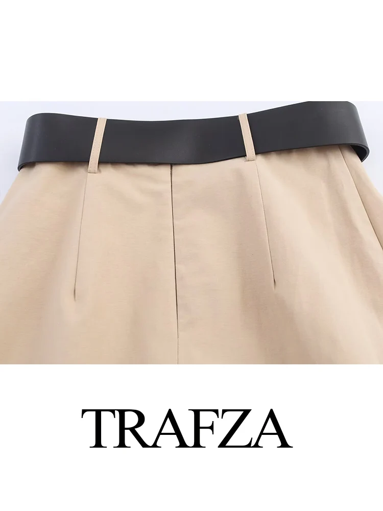 

TRAFZA Women New Fashion Versatile Belted Cape-Style Zipper Midi Skirt Female High Waist Elegant Party Pleated Casual Long Skirt