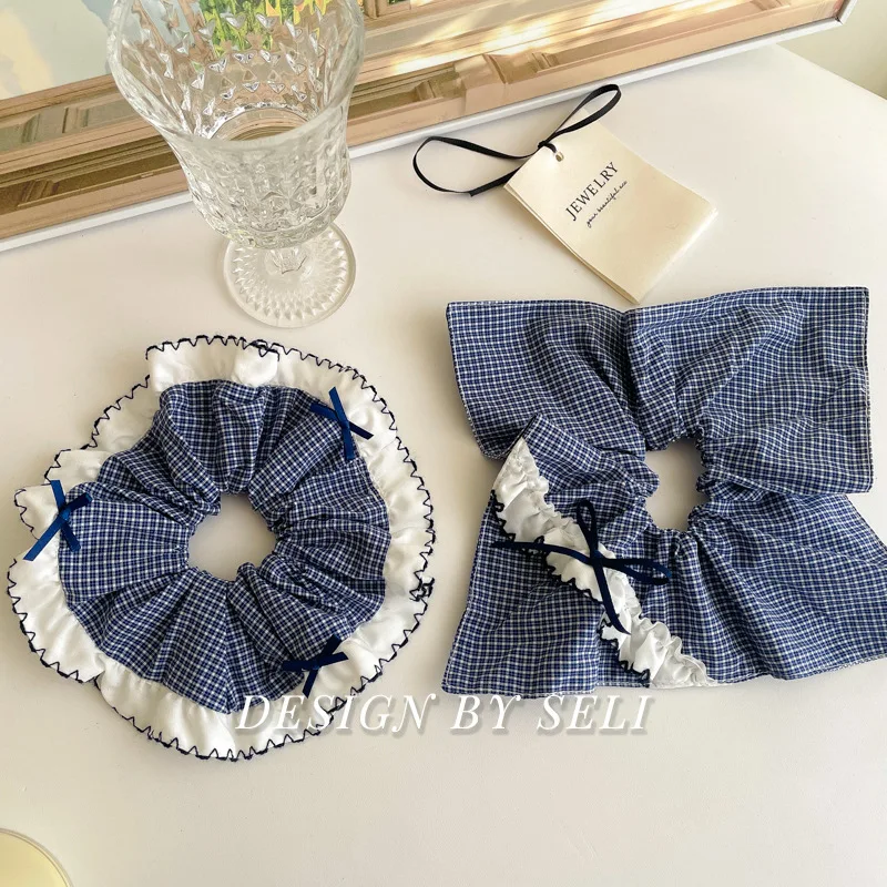 Collège bleu plaid dentelle gros intestin bandeau de cheveux arc bleu niche intestin anneau cheveux accessoires bandeau cravate cheveux élastique