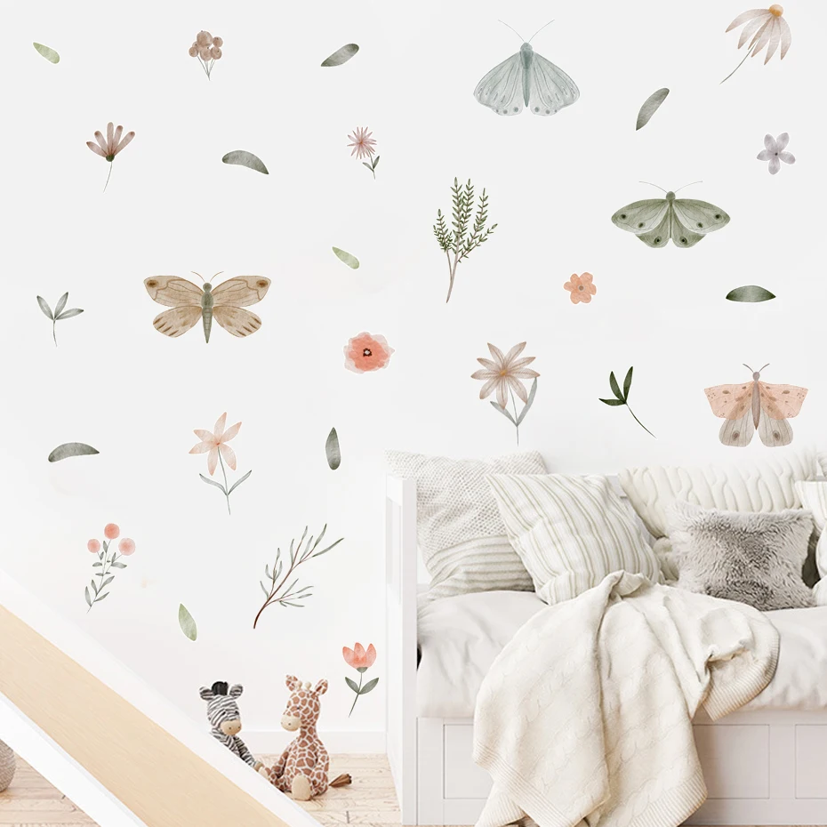 Hand Drawn Butterfly Wall Decal Pastel Watercolor Butterfly flowers Wall Sticker Lovely Decoration for Girl Nursery Home Decor