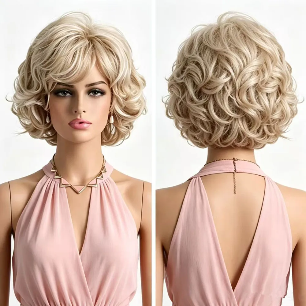 Short Blonde Curly Wigs for Women Synthetic Hair Wig with Bangs Light Blonde Mix Color Heat Resistant Wig for Daily PartyCosplay