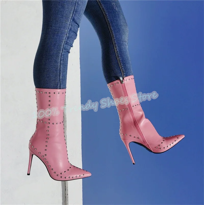 

Fashion Rivet Pointed Toe Women Ankle Boots New Arrival Large Size High Heel Strecth Boots Lady Catwalk Party Dress Shoes