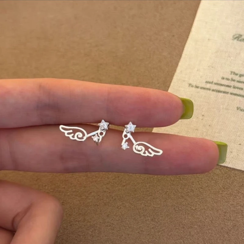 2Pcs/Set Sweet Fashion Angel Wings Stars Stud Earrings for Women Exquisite Shiny Zircon Piercing Detachable Earrings Y2K Jewelry