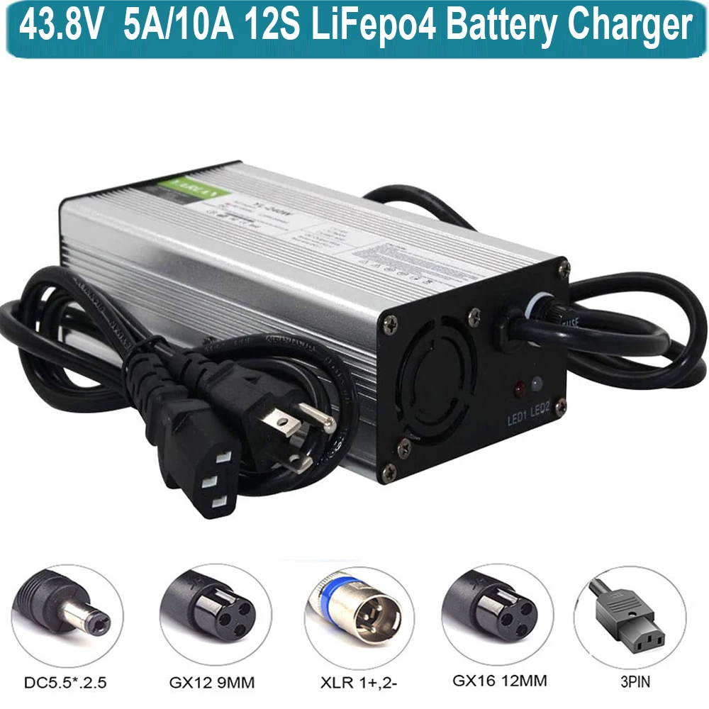 43.8V 5A 10A Smart Battery Charger Silver Aluminum with Cooling Fan for 12S 36V Pack with Alligator Clip Connector