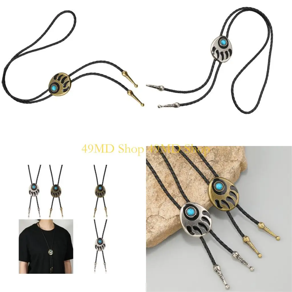 49md-手作りクマの爪石ペンダントジュエリーボロタイ調節可能なレザーコードネクタイウエスタンネックレスロデオイベント用