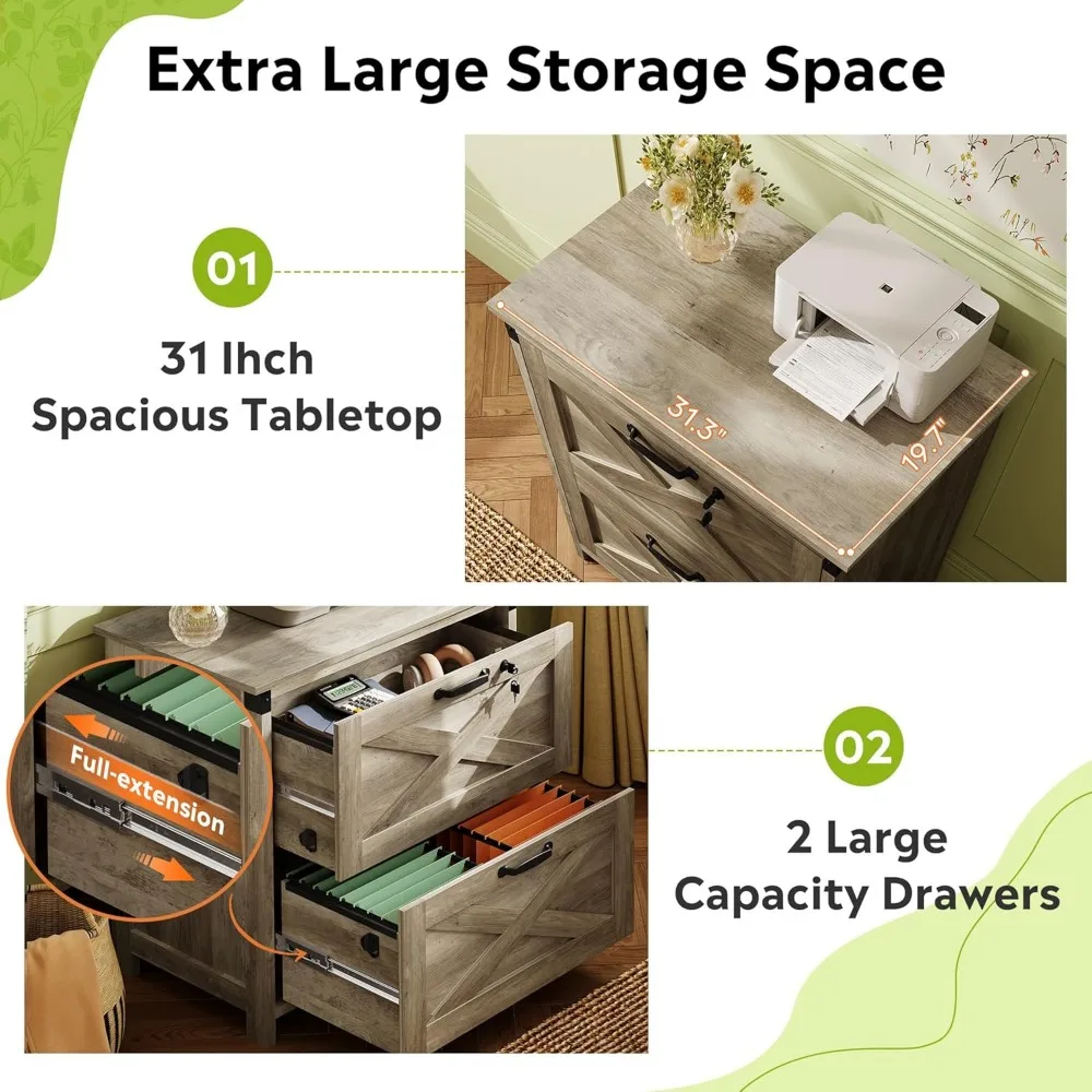 2 Drawer Farmhouse File Cabinet with Lock, Lateral Filing Cabinet for Letter/Legal/A4 Size, Wood Printer Stand for Home Office