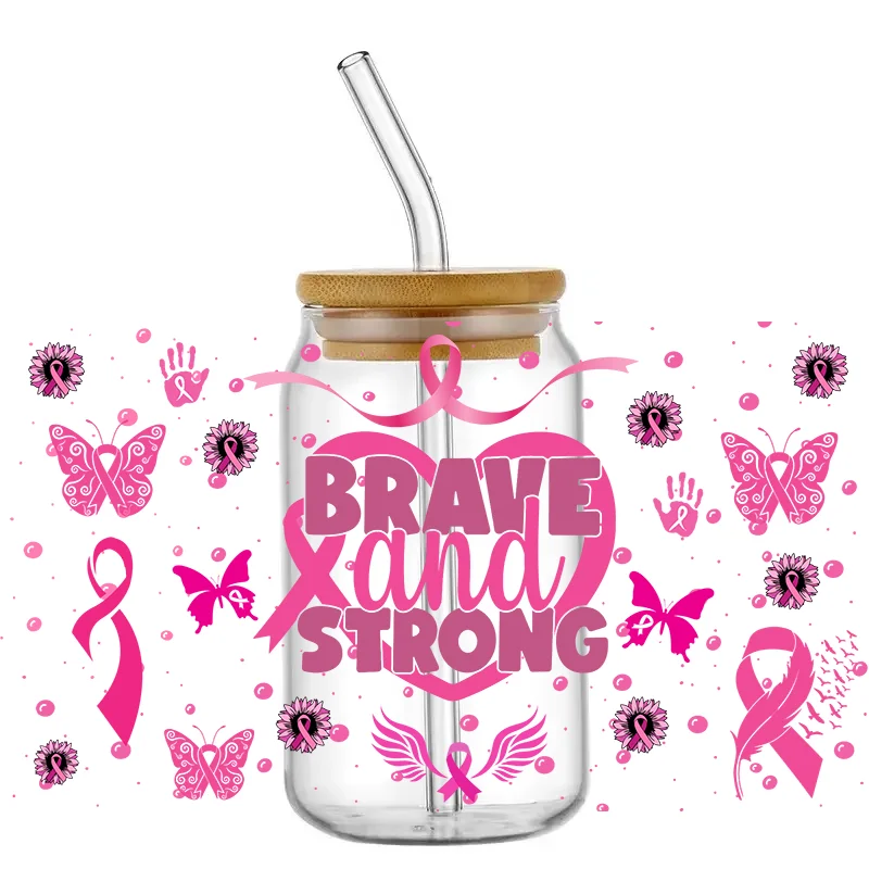 Pink Caring Breast Cancer Ribbon Awareness print 3D UV DTF Cup Wraps stickers Custom Ribbon UV Wraps for 16oz Libbey Glass Cups