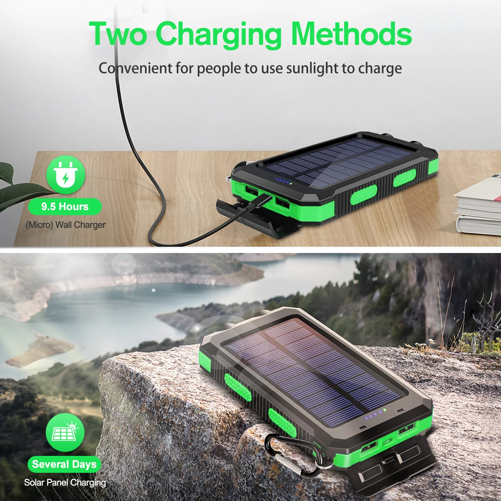30000mAh Portable Solar Power Bank External Battery Waterproof Dual 5V 1A USB Ports LED Flashlight for iPhone Samsung Tablets