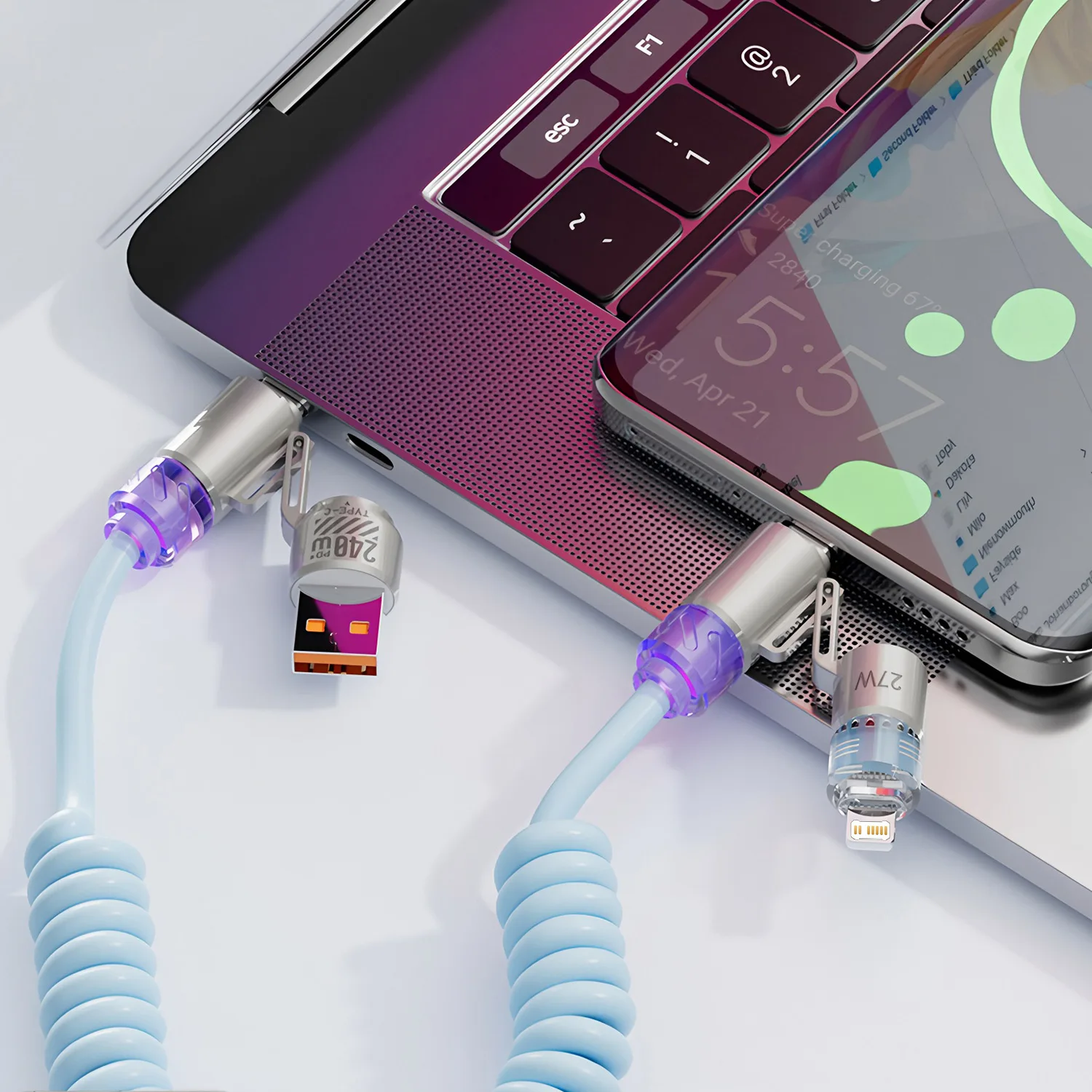 4 in 1 240 W Feder kurzes Datenkabel 6 A USB Typ C Feder Teleskop Schnellladegerät Drahtfeder USB-Kabel für iPhone 15 14 13 12