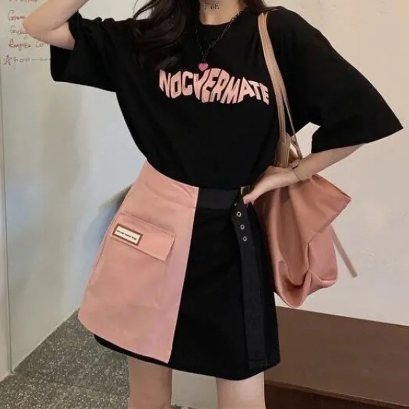 Women Dress Sets Korean Fashion Short Sleeve T-shirts+Patchwork Mini Skirts 2 Piece Suits Loose 2024 Summer Ladies Chic Outfits