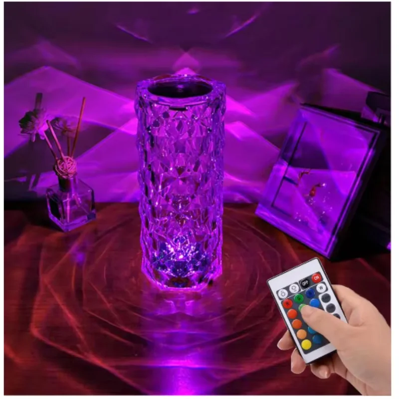 

LED Crystal Table Lamp Rose Light Projector 3/16 Colors Touch Night Light Romantic Diamond Atmosphere Light USB Home Bar Decor