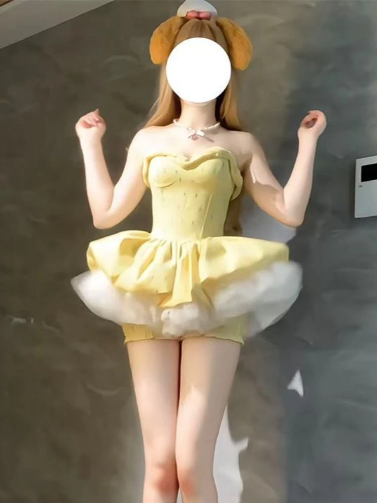 Conjunto de 2 piezas ajustado con hombros descubiertos de Francia, diseño elegante para mujer, vestidos cortos de retazos amarillos cálidos, traje para mujer, trajes cálidos Kawaii