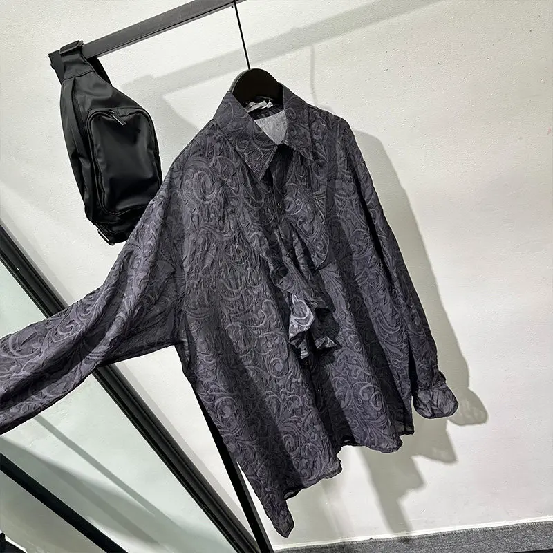 Vintage Crumpled Embossed French Style Loose Long-Sleeved Shirt Popular Lightweight Hollow Breathable for Men and Women