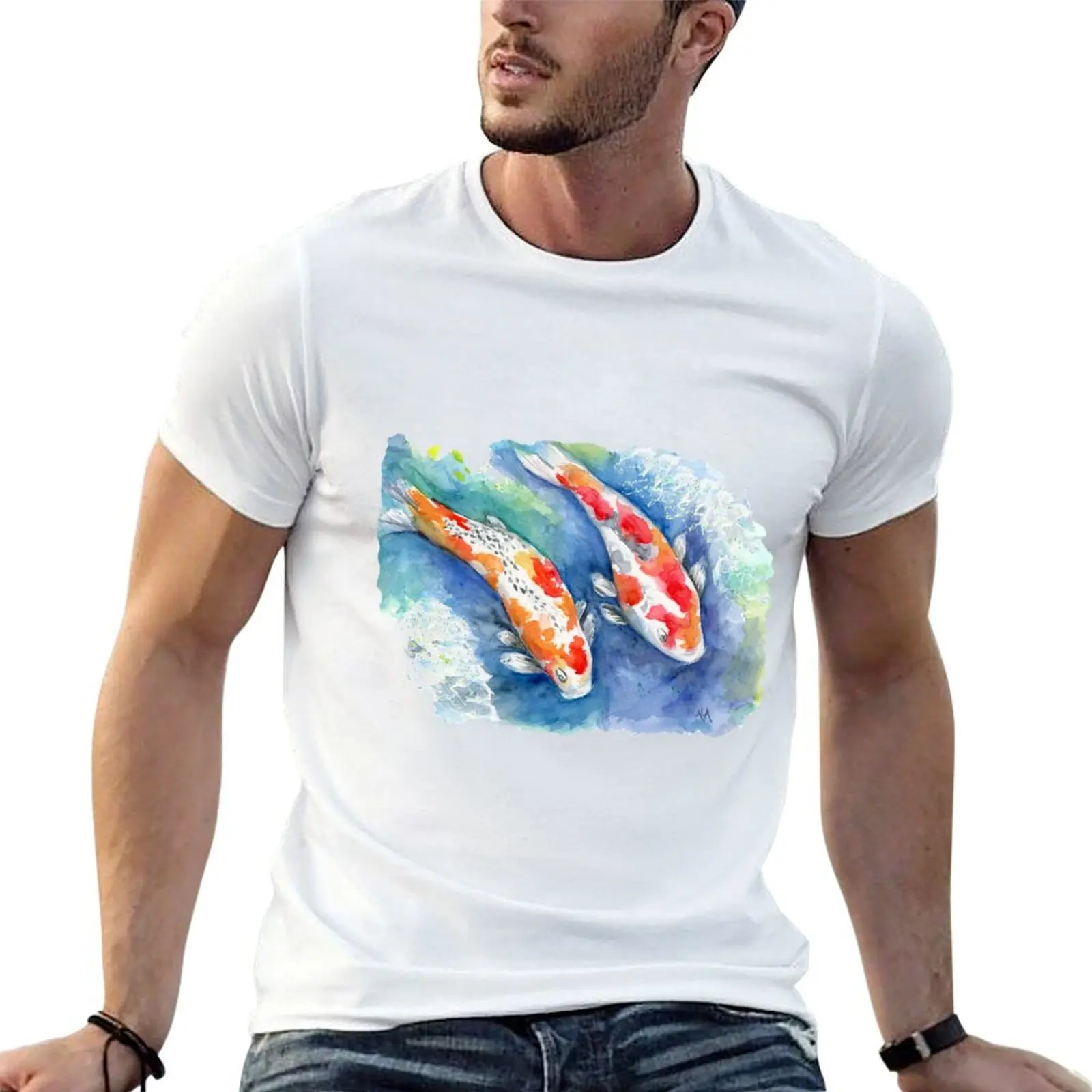 

Футболка Splashing Koi, незаменимая футболка, футболки для мужчин, винтажные мужские футболки с рисунком, хлопковая футболка