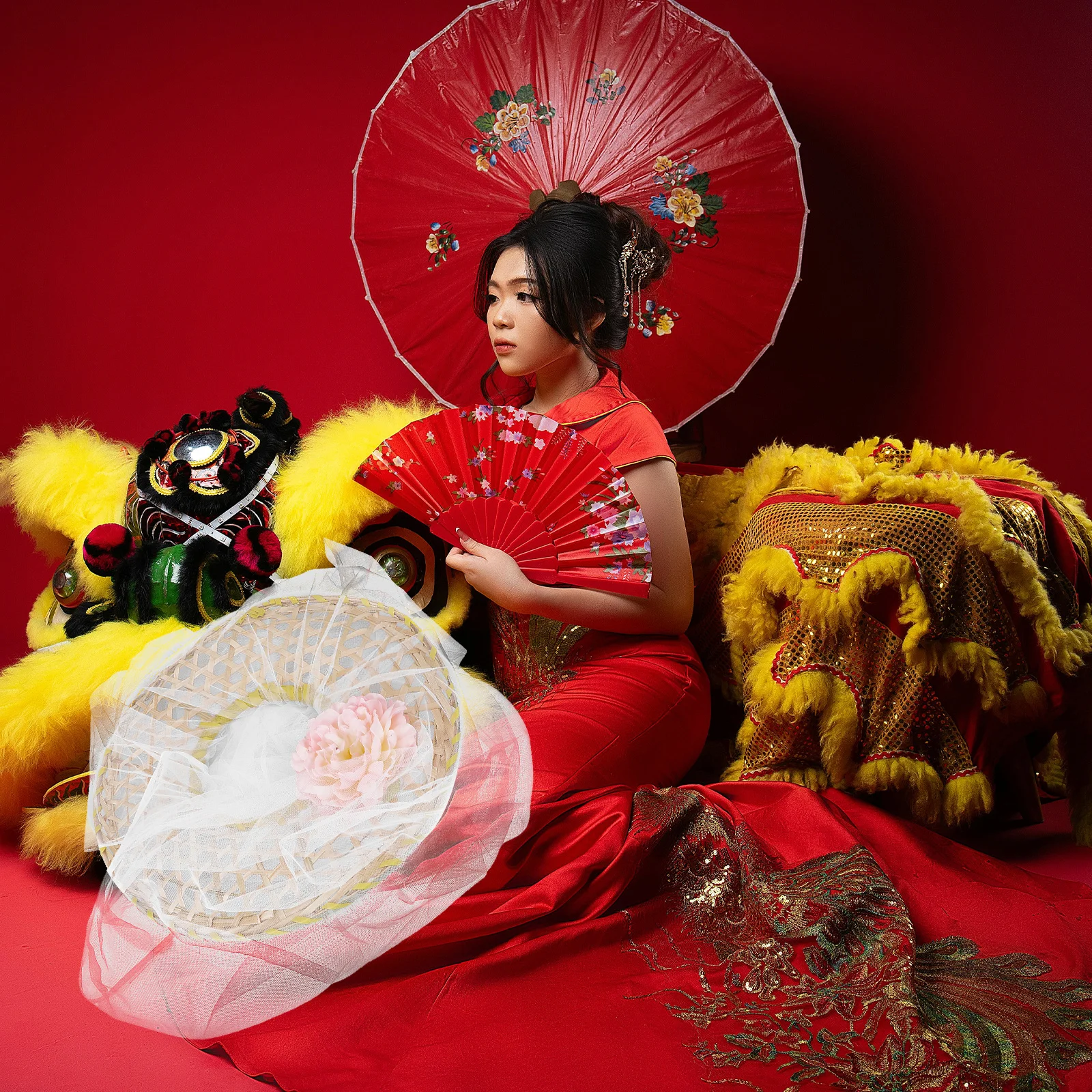 

1pcs Ancient Chinese Bamboo Cone Hat Traditional Oriental Style Wide Brim Sun Hat With Veil For Women Cosplay Wedding Party